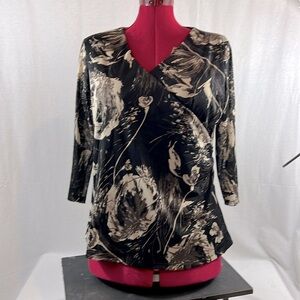 Coldwater Creek Women’s Sz XL 18 Tunic Blouse 3/4 sleeve Black Tan floral